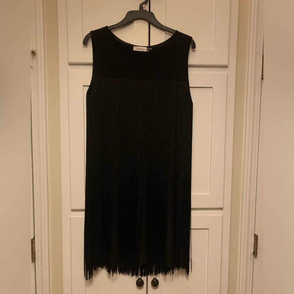 Calvin Klein Size 12 Black Fringe Shift Dress